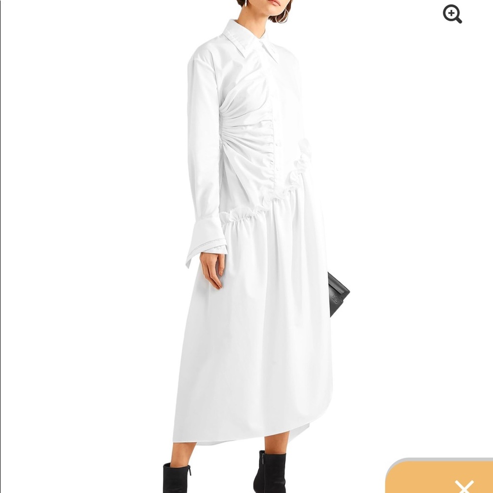 Preen shirt dress with lace trim, ruffles, ruching